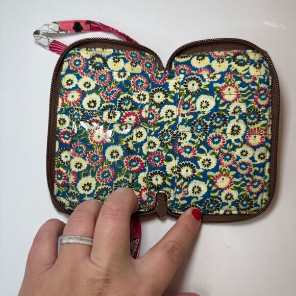 Women's Pink & Brown Floral Flower Print Zip Around Wristlet Wallet - Picture 2 of 5